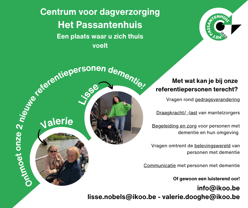 Ontmoet onze twee nieuwe referentiepersonen dementie, Lisse en Valerie. Contact: lisse.nobels@ikoo.be en valerie.dooghe@ikoo.be.
